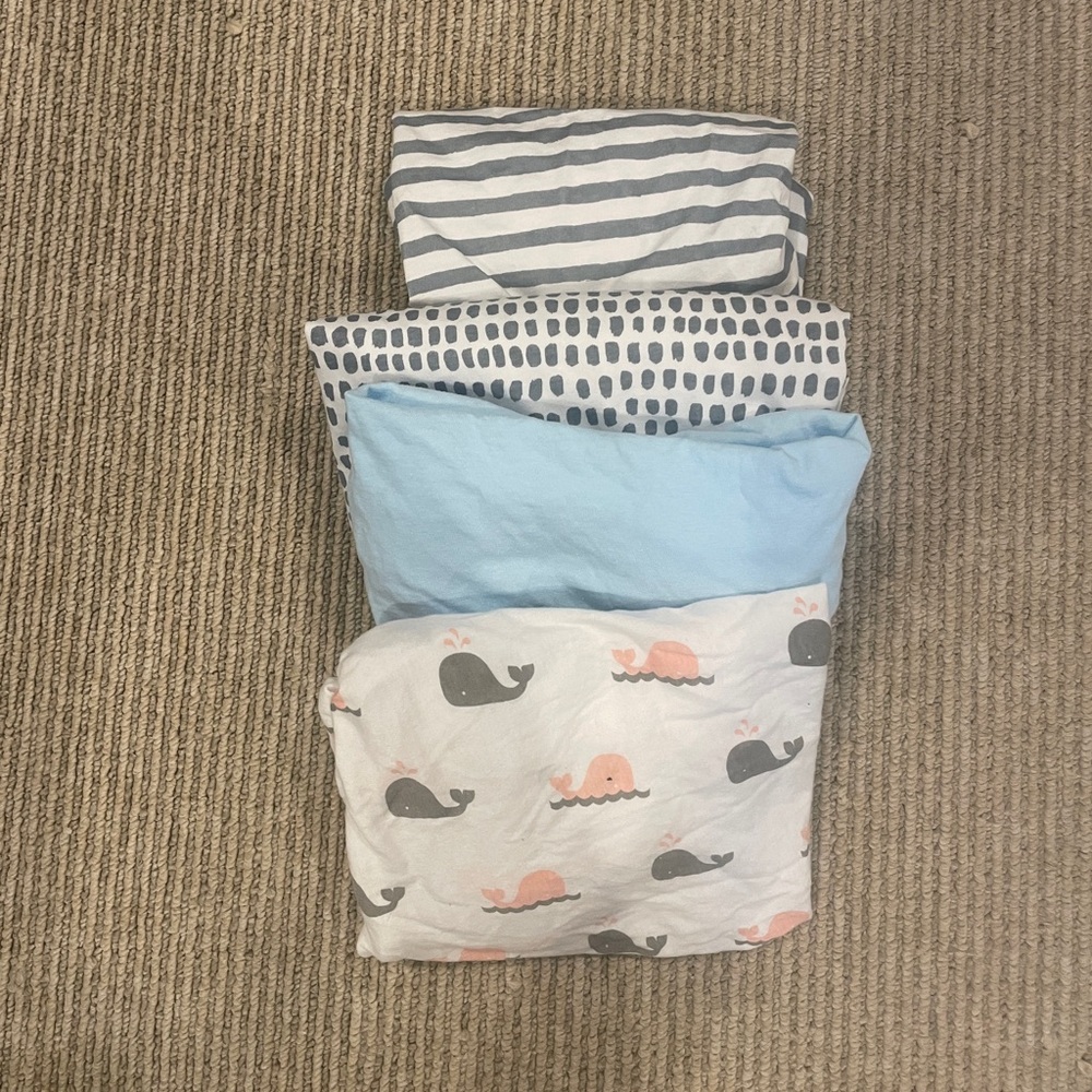 Set of Four Baby Bassinet Sheets with Whale and Striped Patterns. 2 Waterproof.